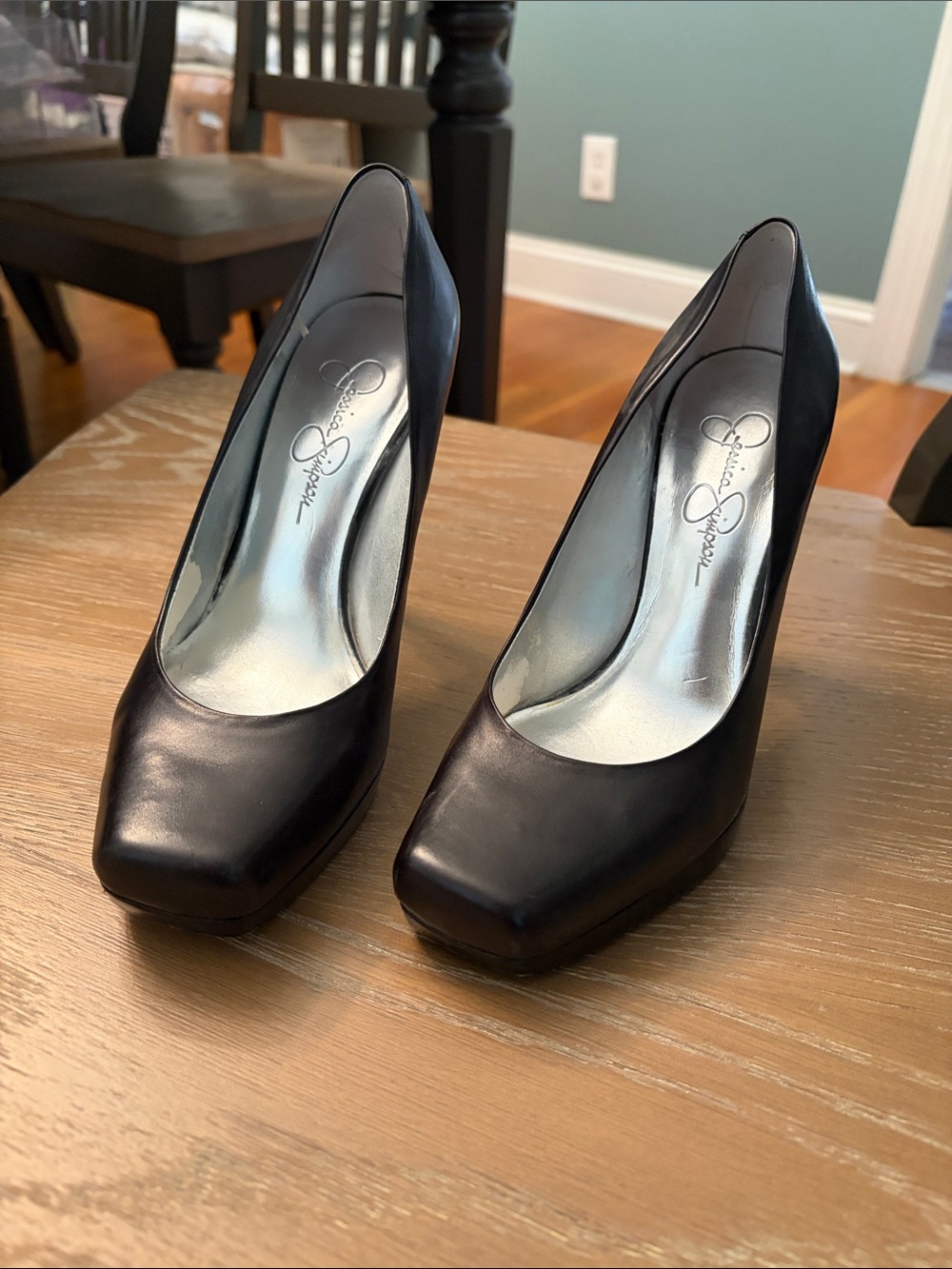 Jessica Simpson Black Leather Square-Toe Pumps
